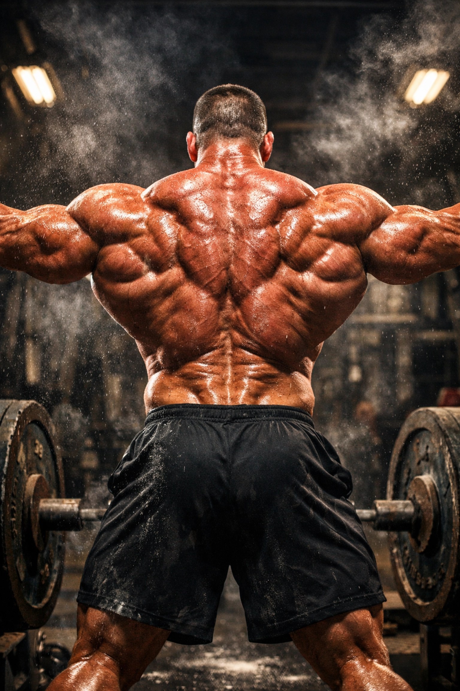 Rear lat spread pose showcasing back muscle density, width, and lower back Christmas tree development.