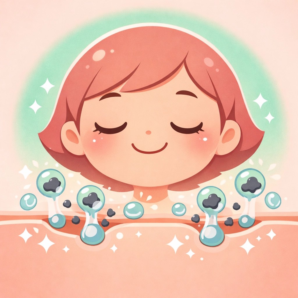 Cartoon showing sweat droplets cleansing pores to promote a healthy skin glow and natural detoxification.