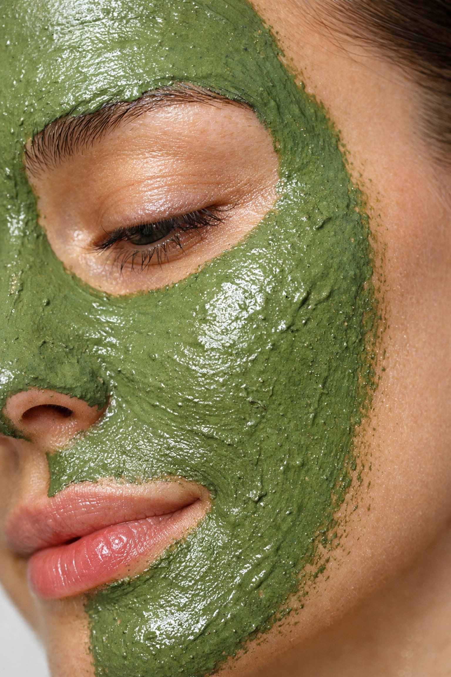 Woman with French Green Clay face mask applied showing smooth texture and healthy skin