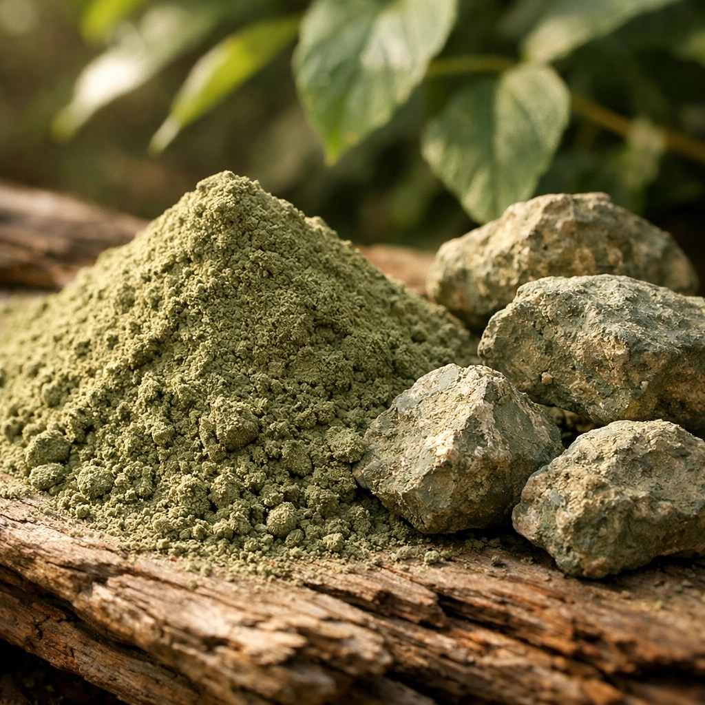 Raw mineral-rich French green clay powder and stones for natural anti-inflammatory skin relief.