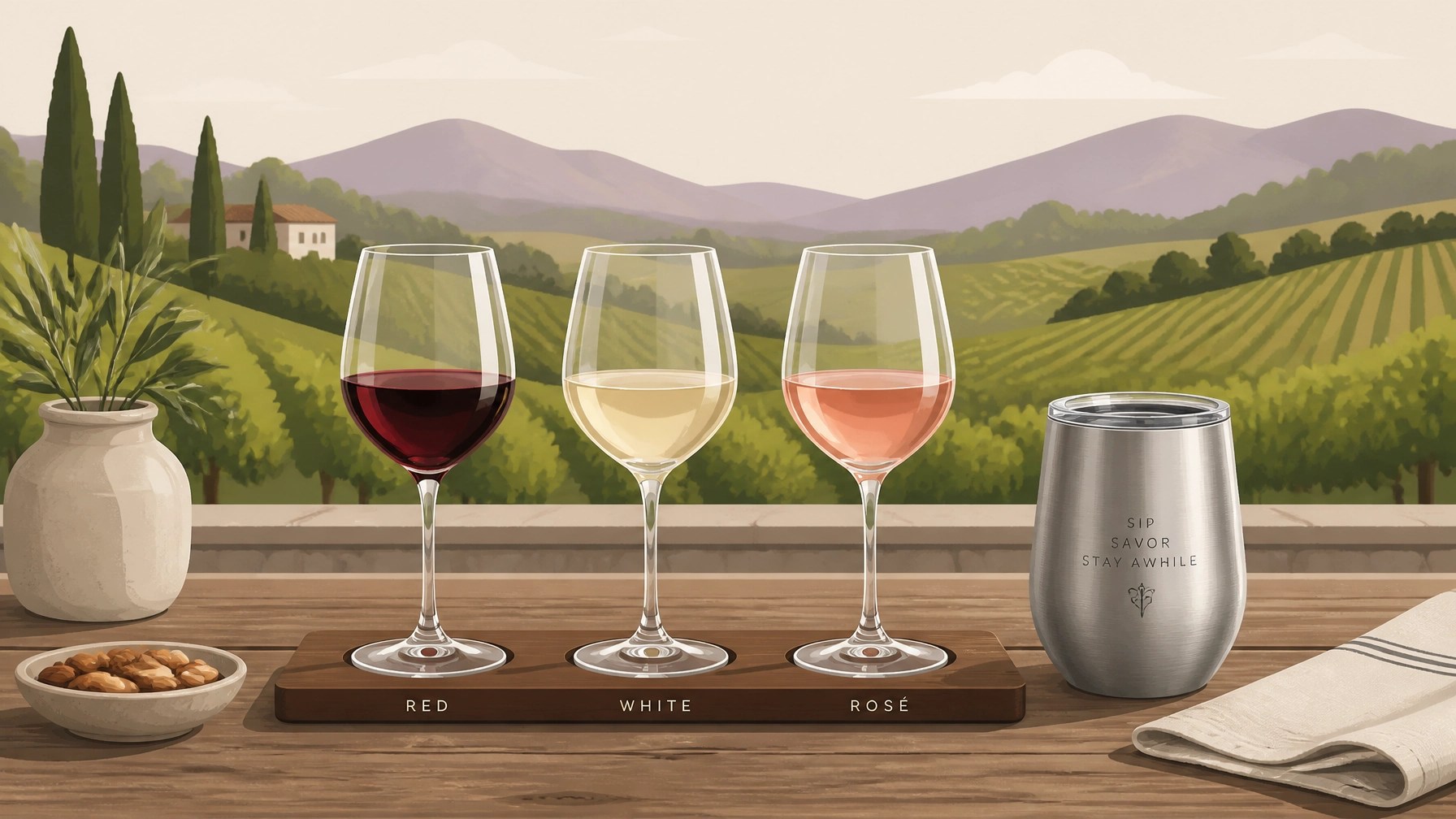 Flat illustration of a sophisticated wine tasting flight with a stainless steel tumbler