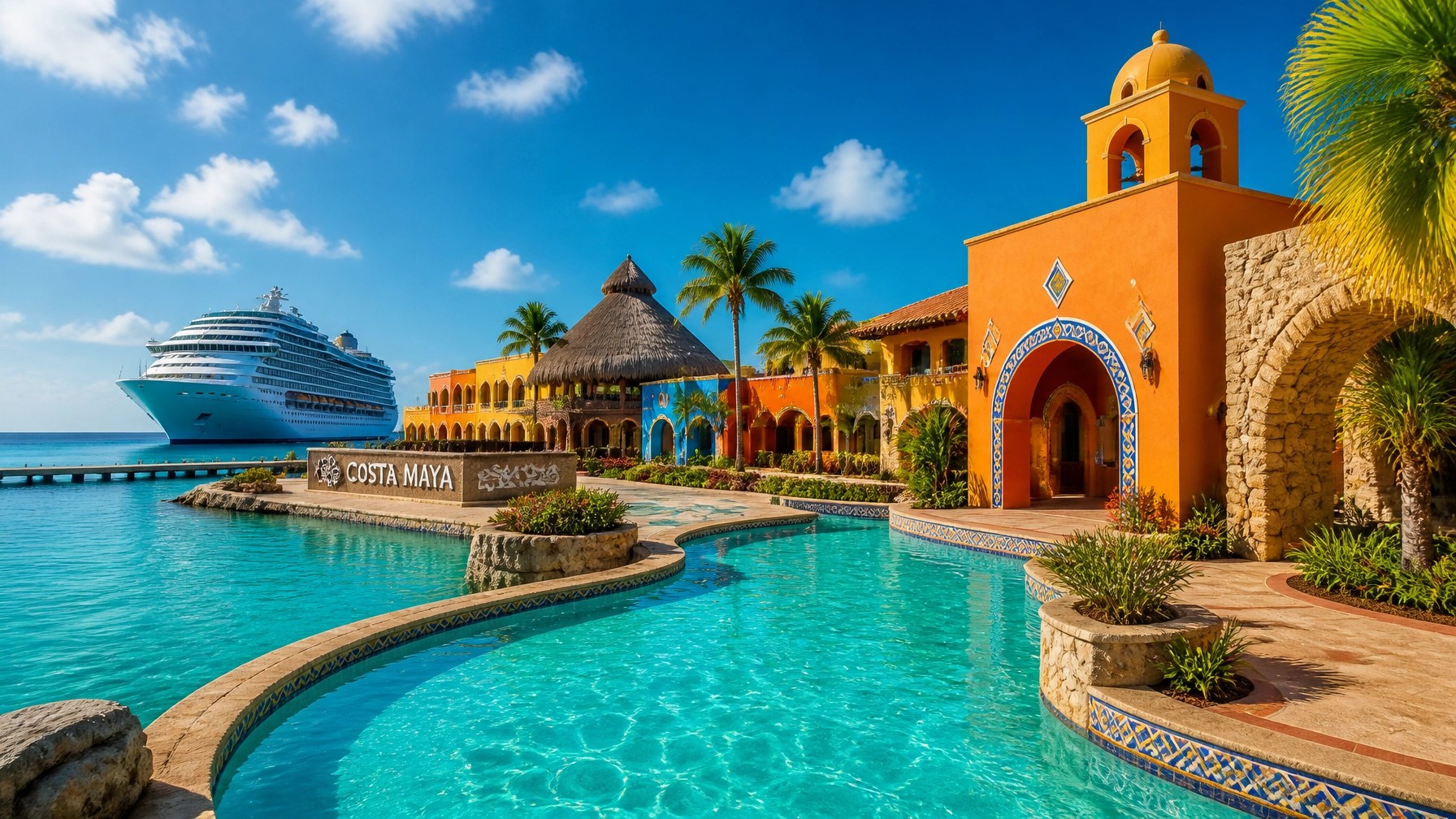 A vibrant and scenic view of the Costa Maya cruise port with colorful architecture