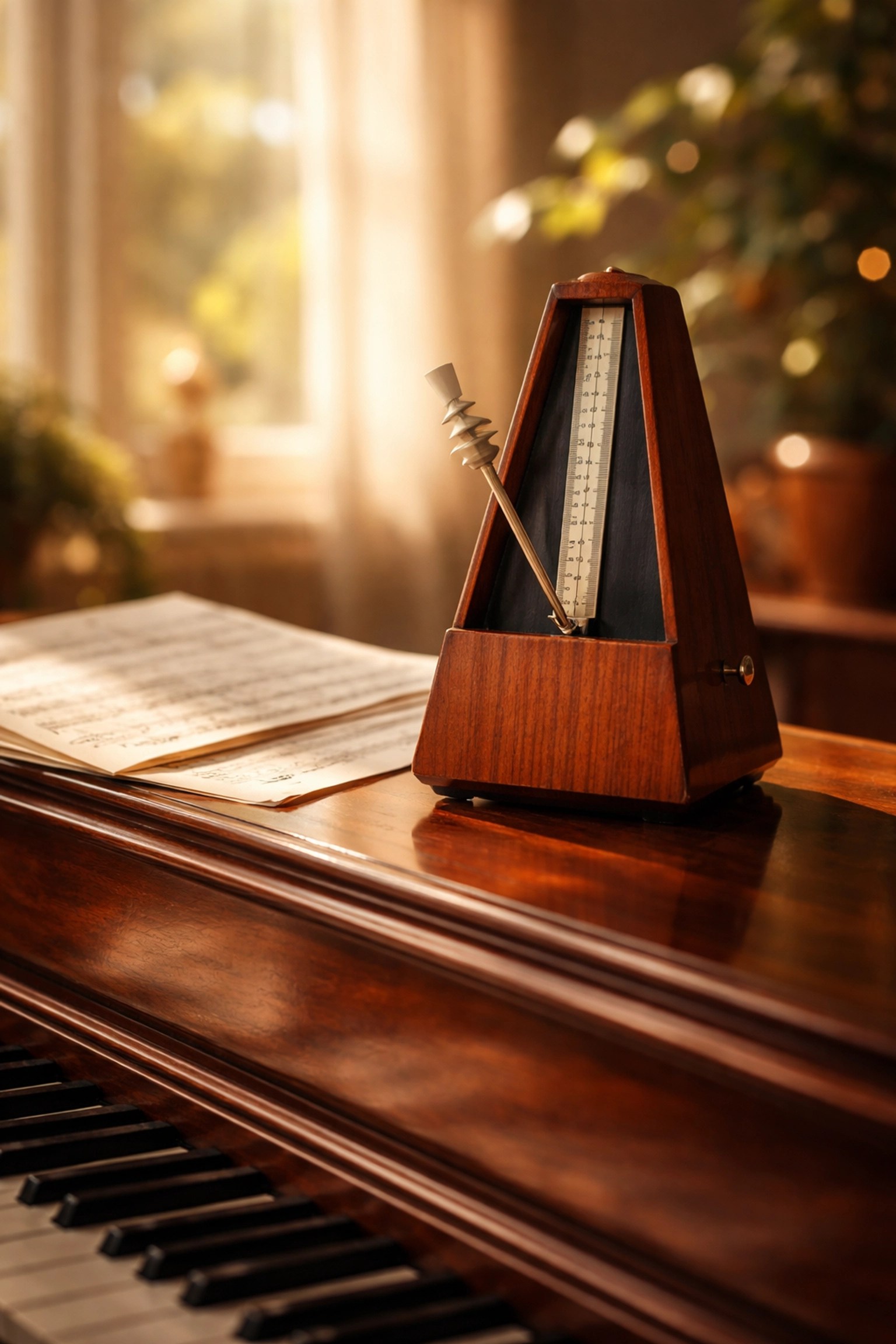 Classic wooden metronome on piano lid with sheet music, emphasizing the importance of using a metronome for consistent music practice.