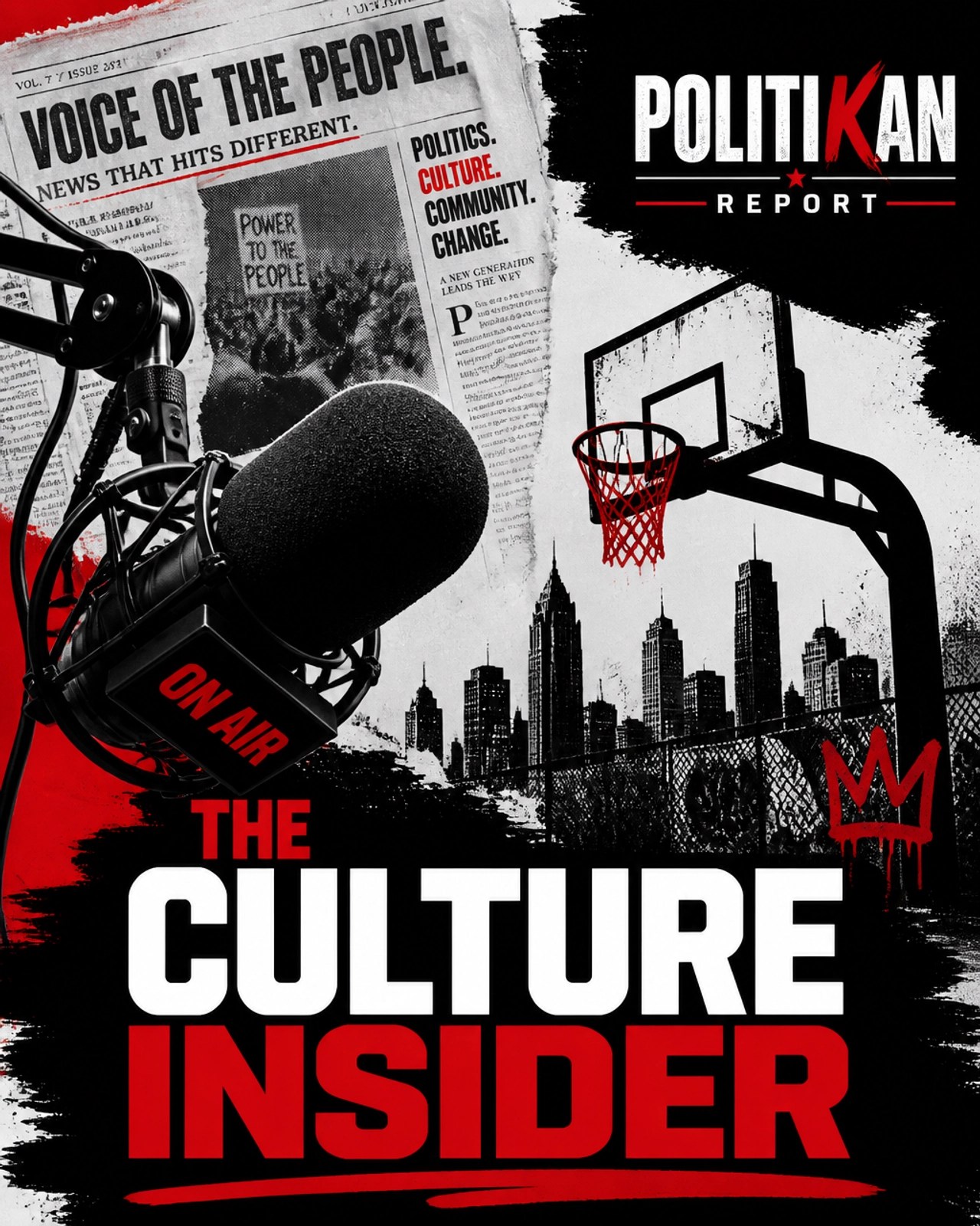 A high-contrast black, white, and red graphic featuring urban culture elements like a microphone and basketball hoop, titled 'THE CULTURE INSIDER'.