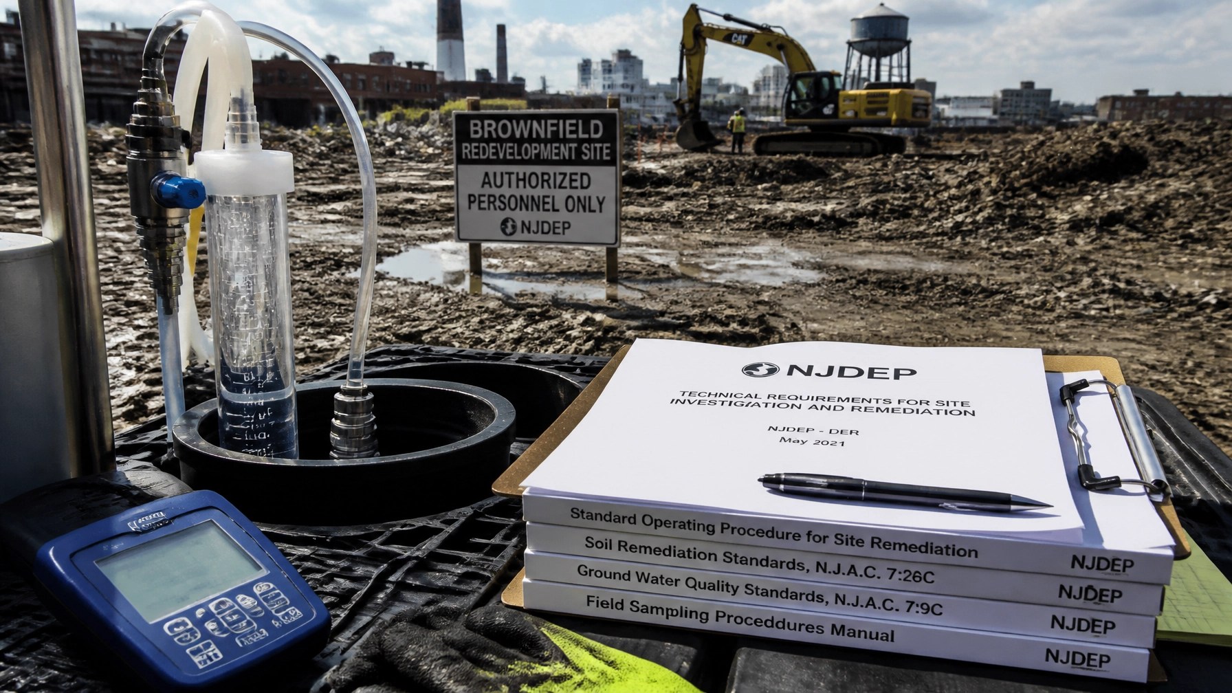 Active brownfield remediation site in New Jersey with groundwater sampling equipment