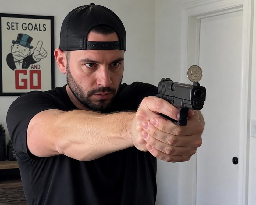 Balancing a coin on a 9mm pistol during stability training