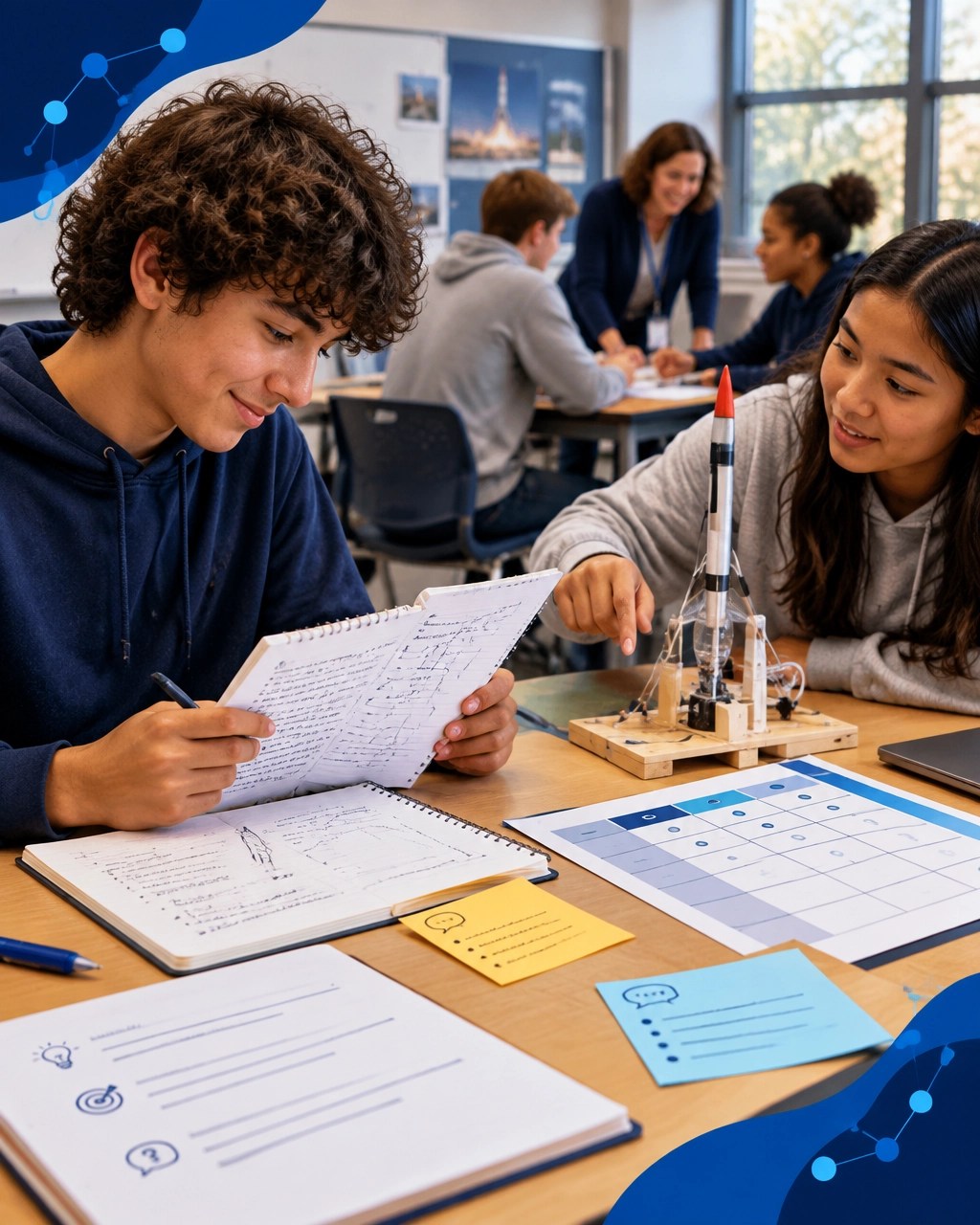 Students reviewing process journals and peer feedback beside a project prototype