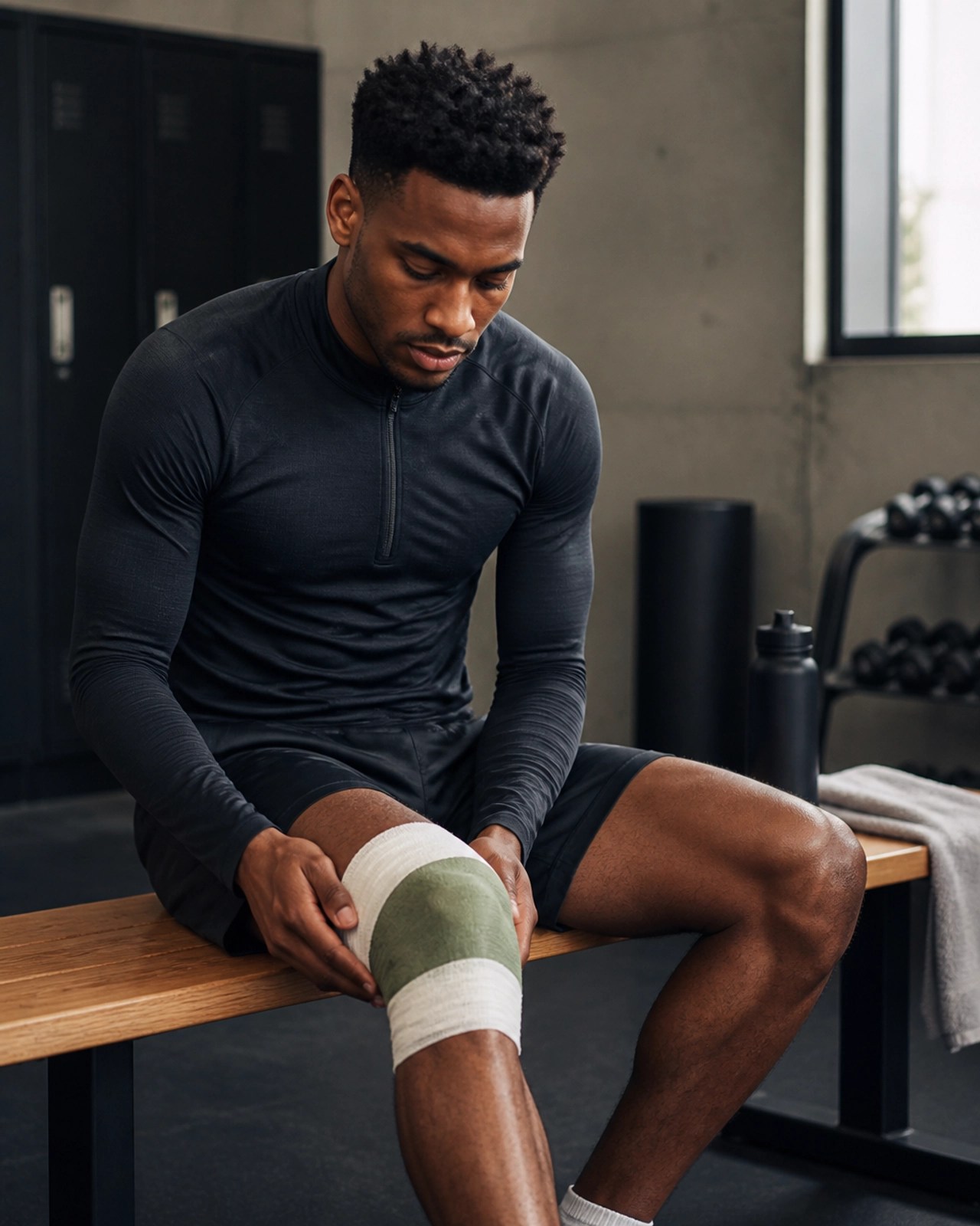 Athlete with a clay wrap on their knee for recovery