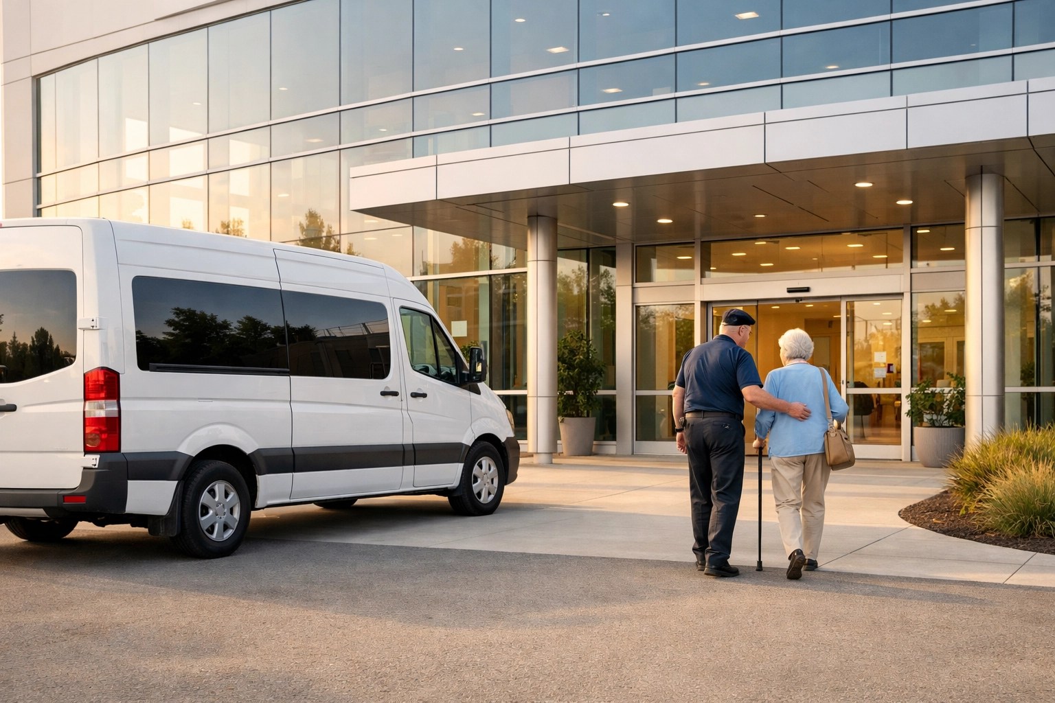 A reliable medical transport van arriving at a healthcare facility to ensure patient access to care.