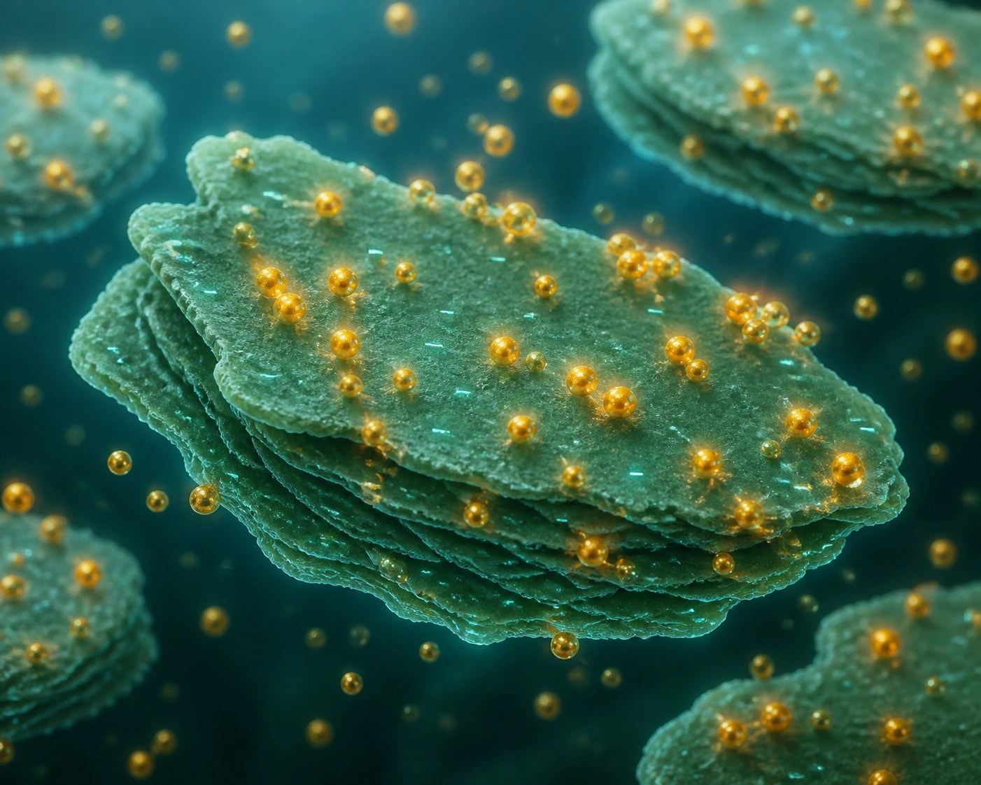 Microscopic visualization of green clay platelets adsorbing positively charged toxins via ionic charge.