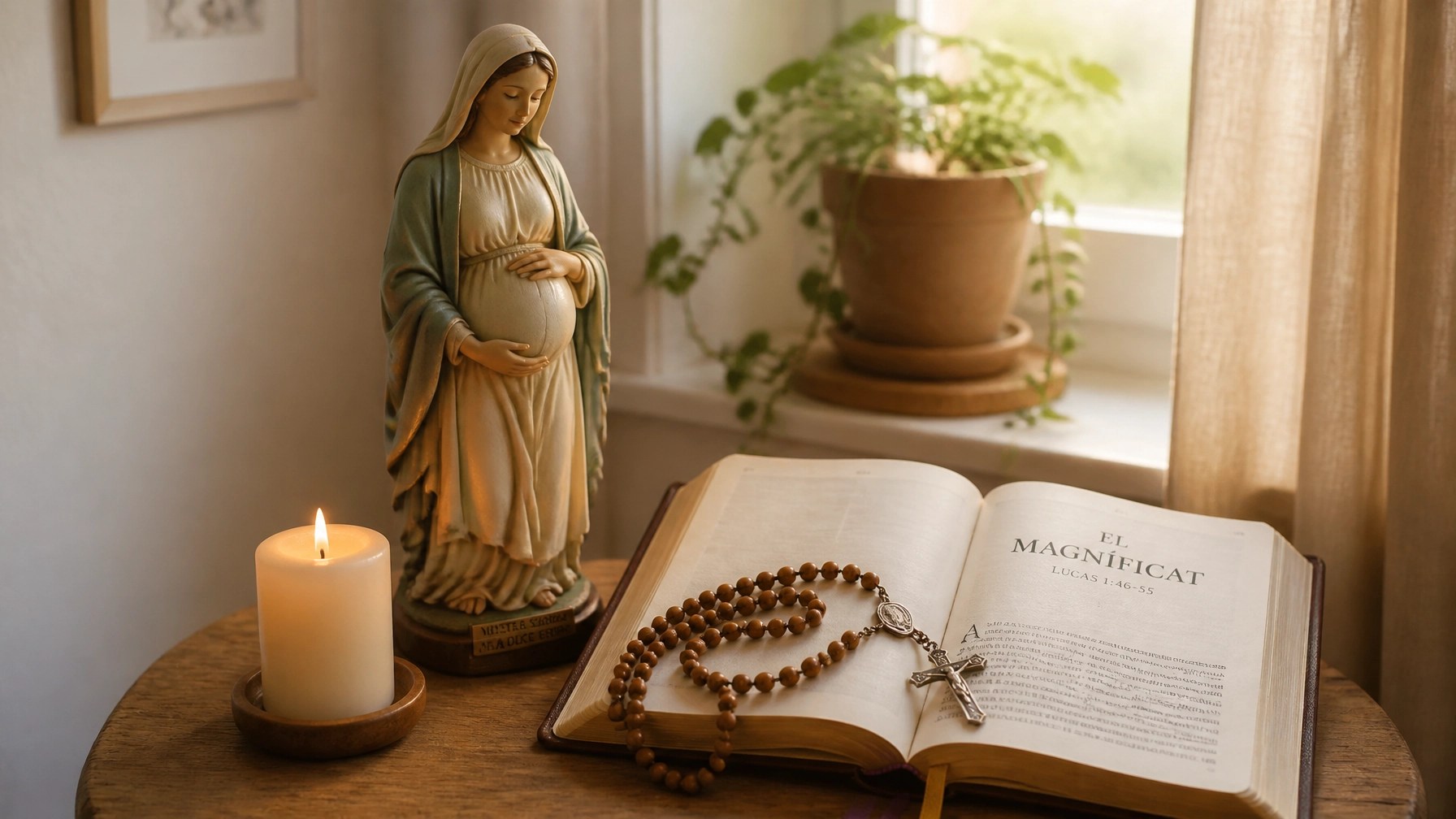 Altar doméstico con la Virgen de la Dulce Espera y la Biblia abierta