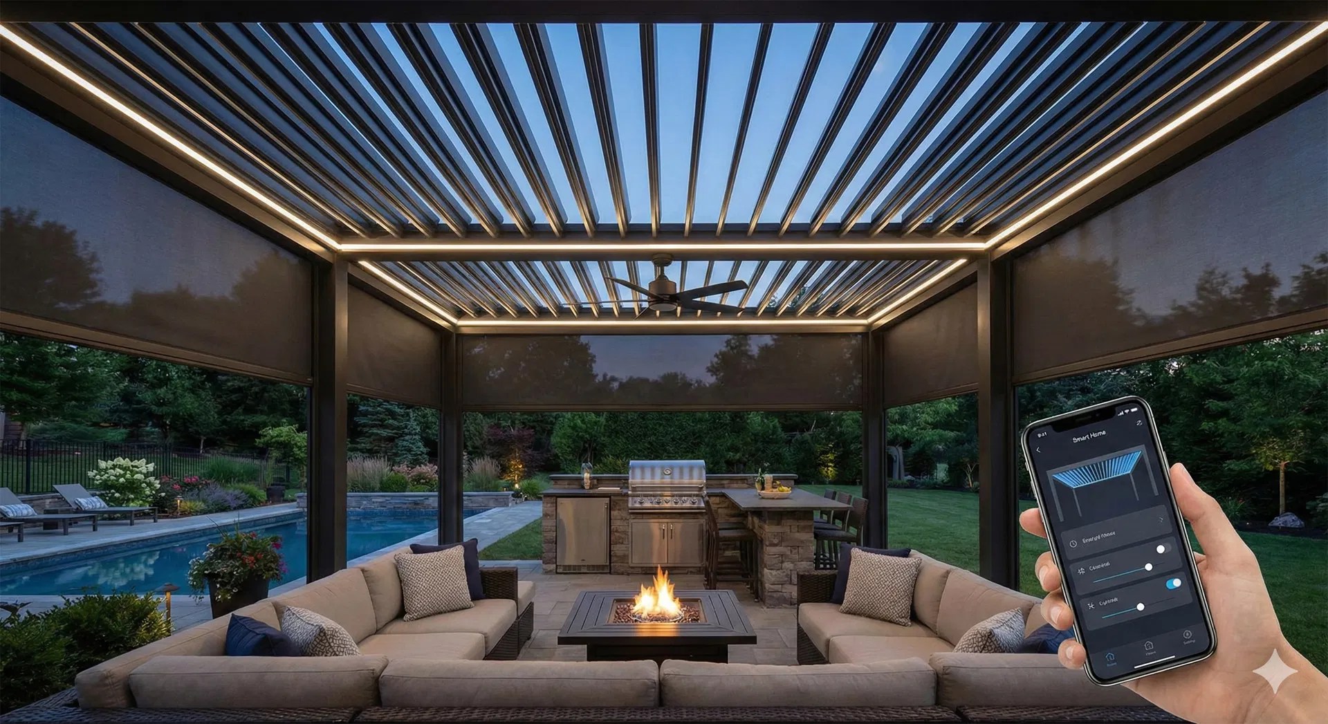 A hand using a smartphone app to control the motorized louvers and LED lighting of a luxury poolside pergola.