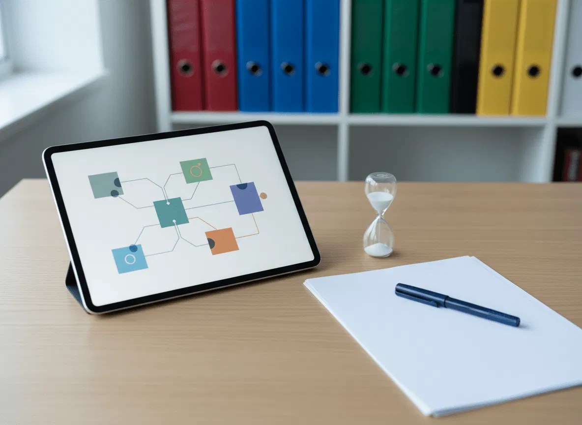 Workflow optimization concept with a tablet displaying connected administrative process steps