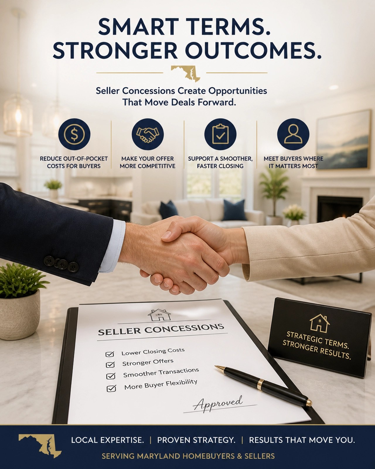 Handshake over a real estate contract mentioning seller concessions in a Maryland home