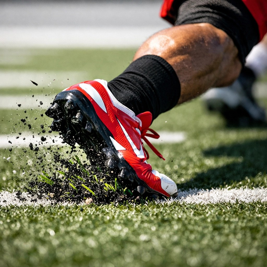 Close-up of football cleats on turf during explosive Atlanta athlete training.