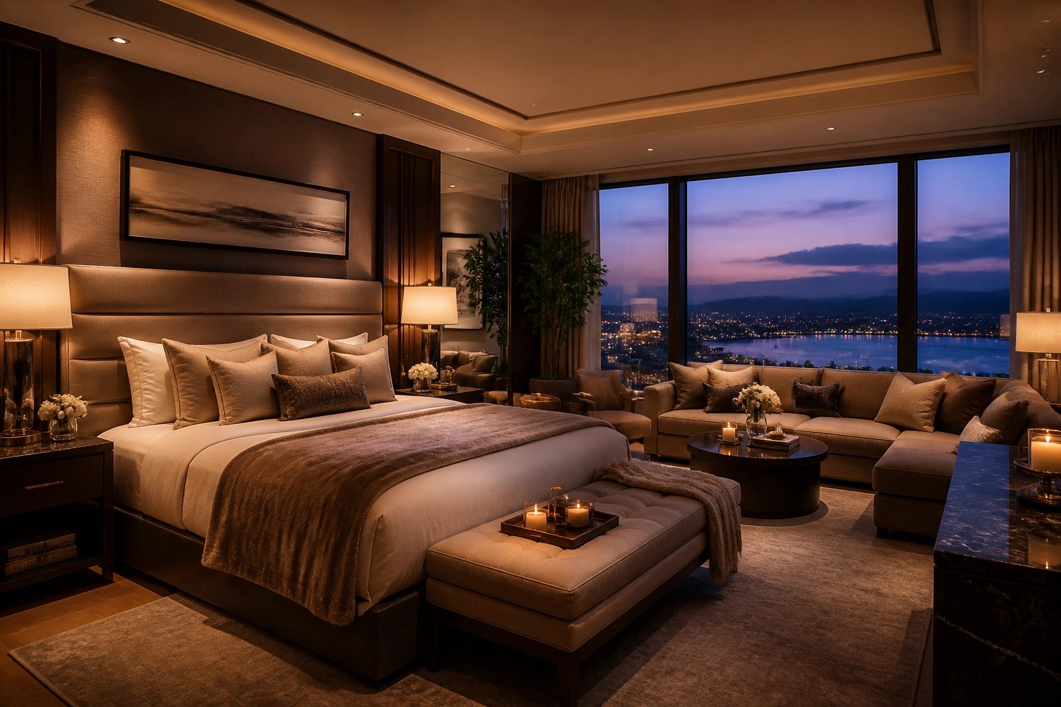 Luxury hotel suite interior at dusk with warm lighting, designed for comfortable rest and recovery.
