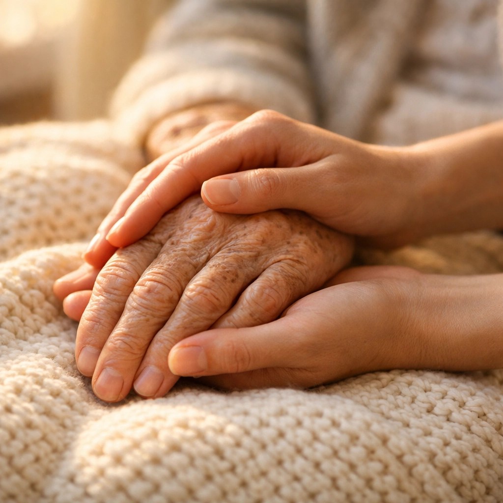 Close-up of a caregiver holding a senior's hand, demonstrating heartfelt in-home care services.