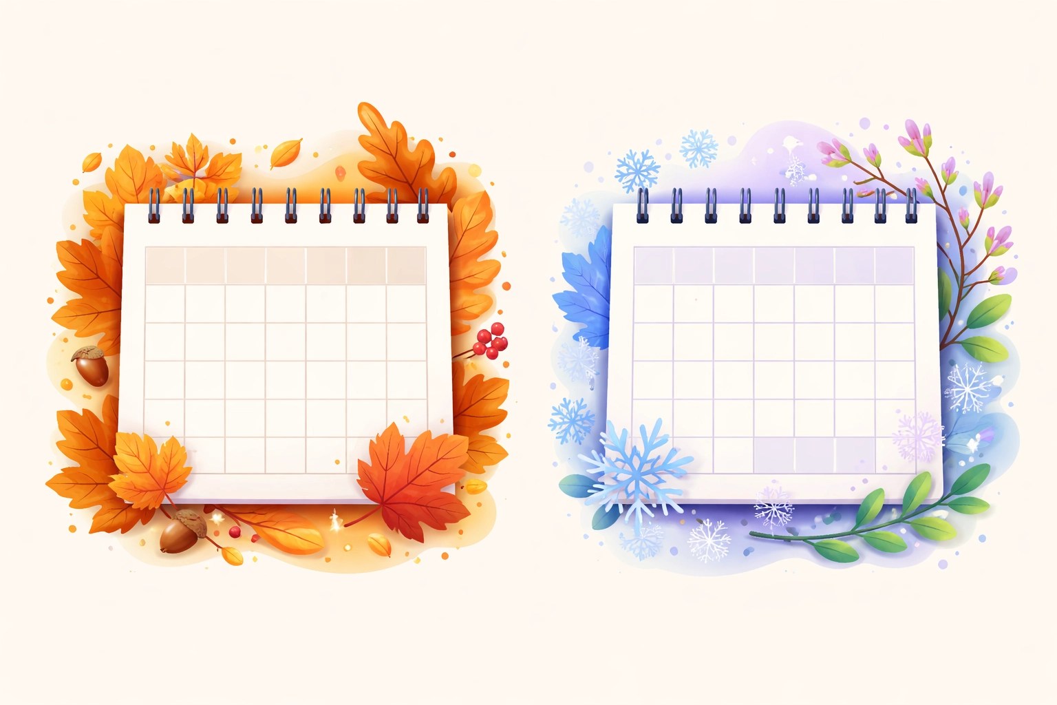 Comparison of fall and winter/spring calendar pages illustrating differences between Medicare AEP and OEP periods.