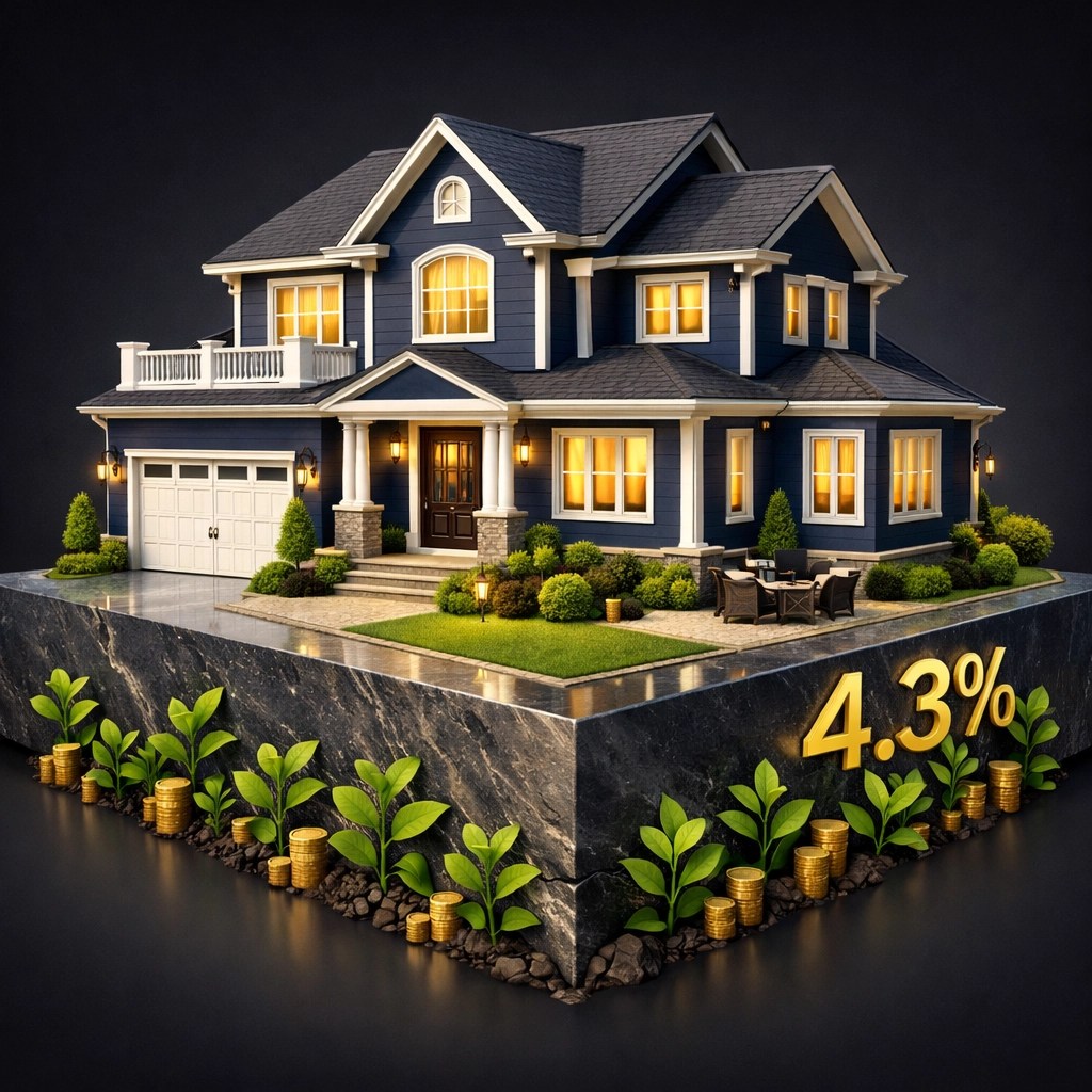 A suburban house on a solid stone foundation representing stable real estate wealth growth.