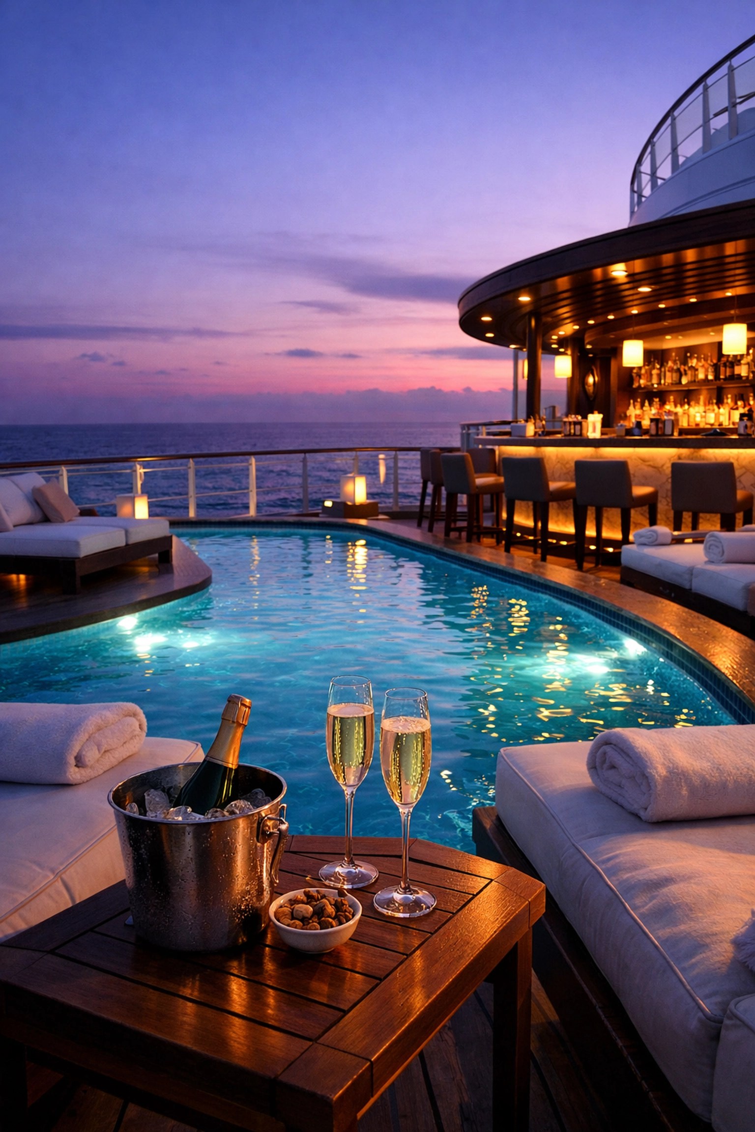Exclusive infinity pool deck on luxury world cruise ship at sunset