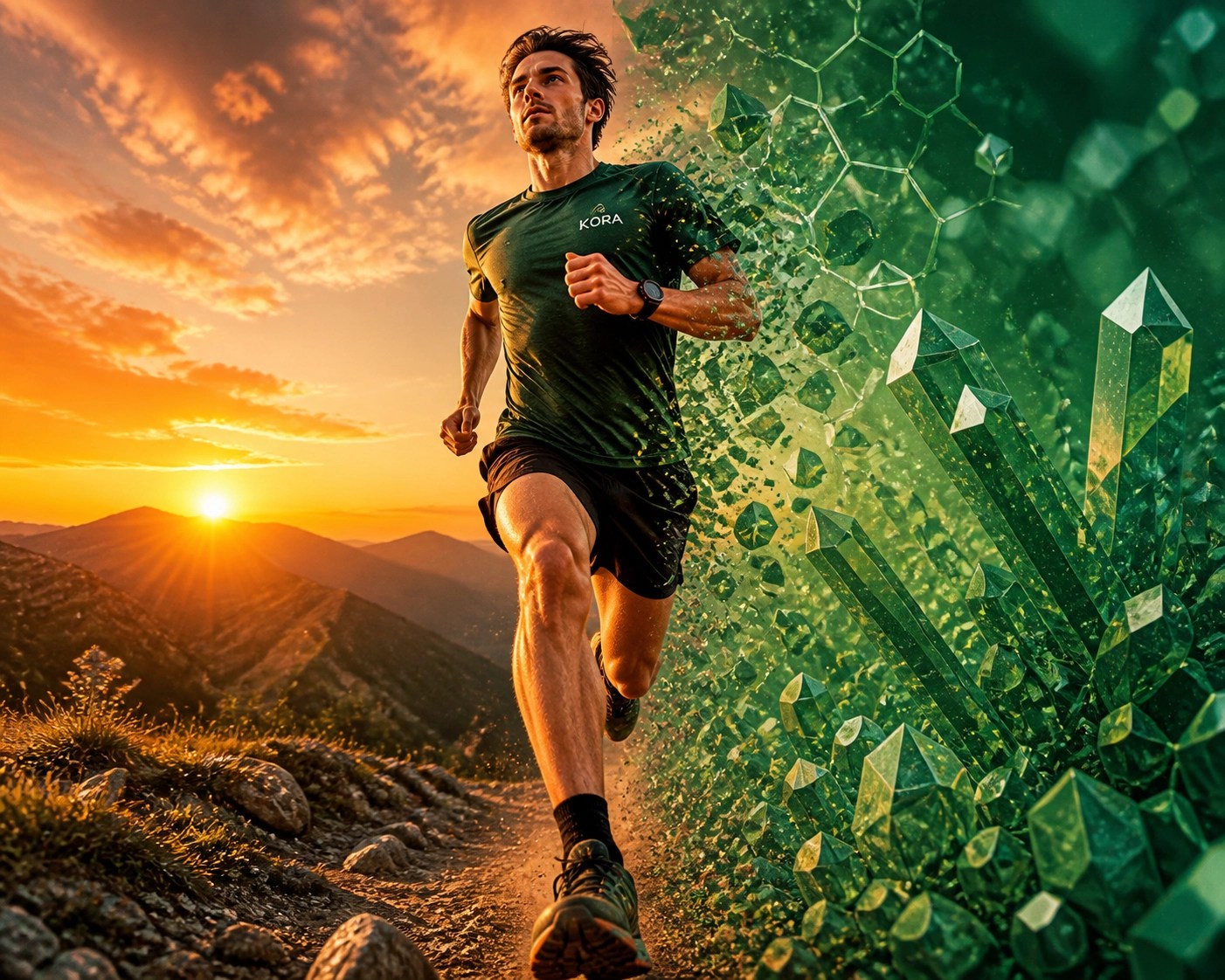 A mountain trail runner at peak performance using green clay science for faster sports recovery.