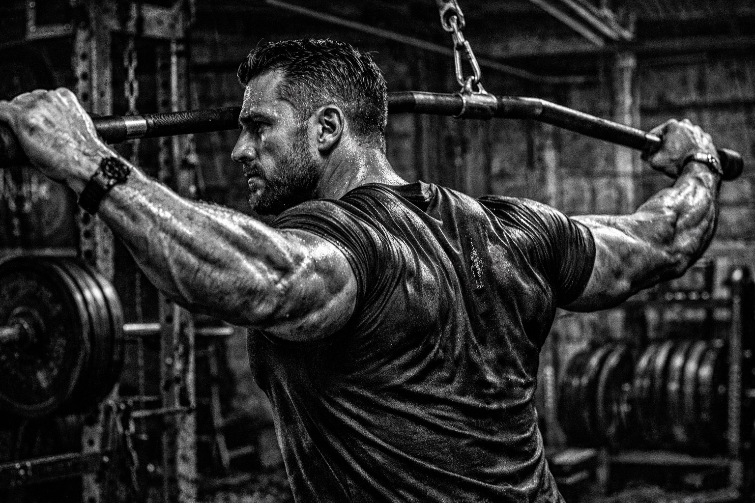 Athlete demonstrating the proper arc of a straight arm lat pulldown to isolate back muscles in a gym.