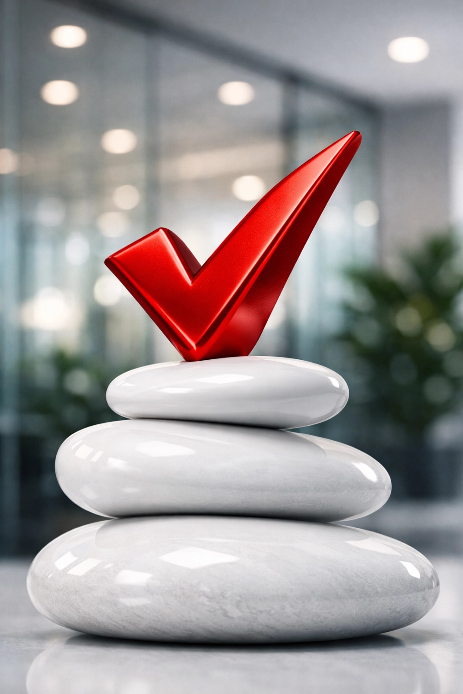 A bold red checkmark signifying organizational health and resolved non-profit operations.