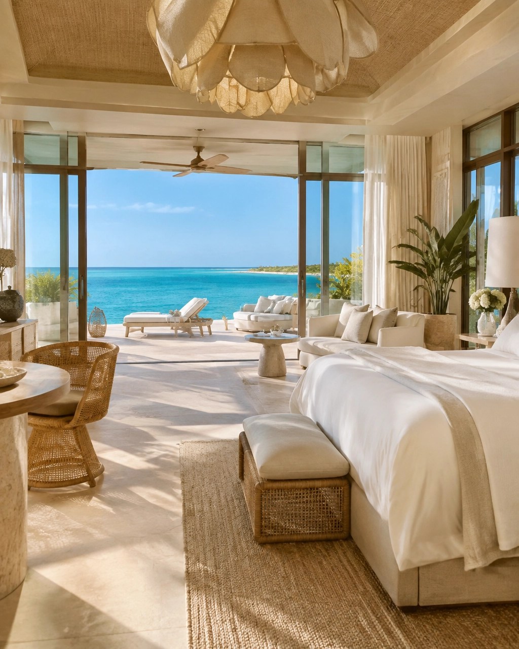 Elegant luxury Bahamas resort suite with ocean view, cream interiors, and private terrace