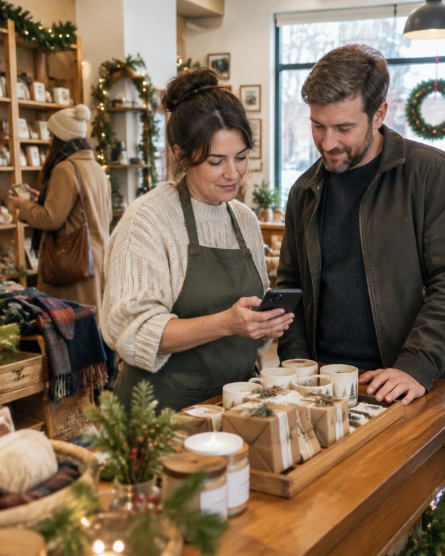 A boutique owner and employee review a phone while serving holiday shoppers