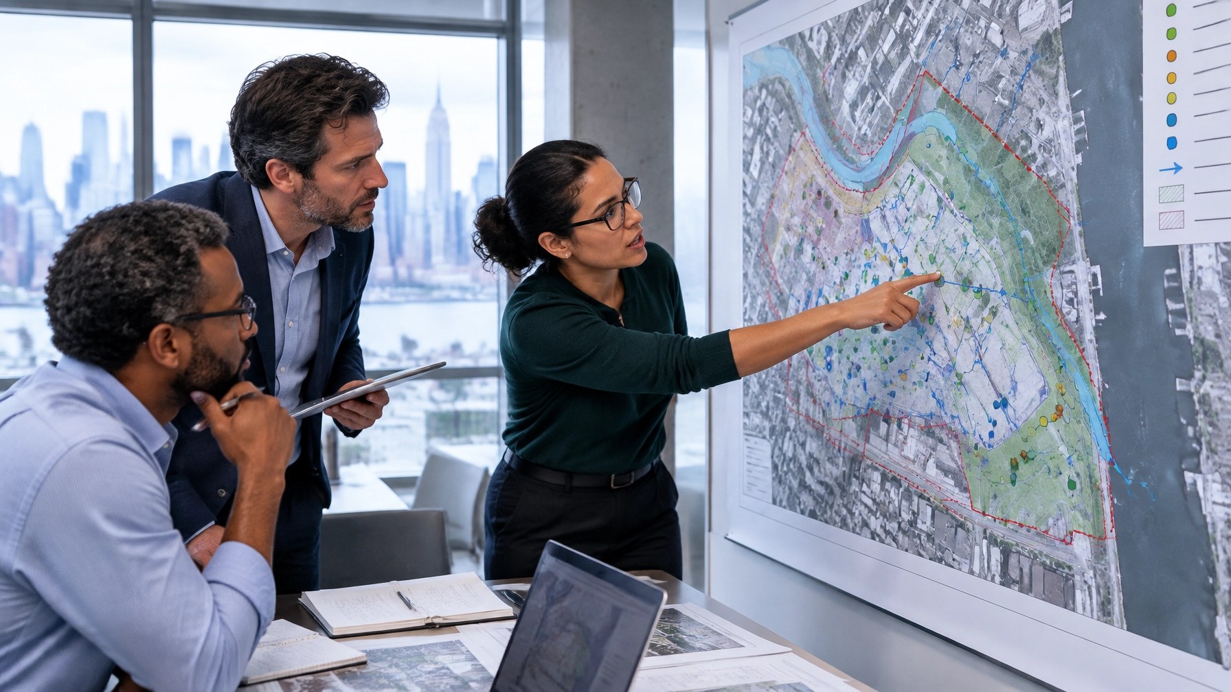 Diverse environmental and civil professionals reviewing a layered site plan for a New York redevelopment project