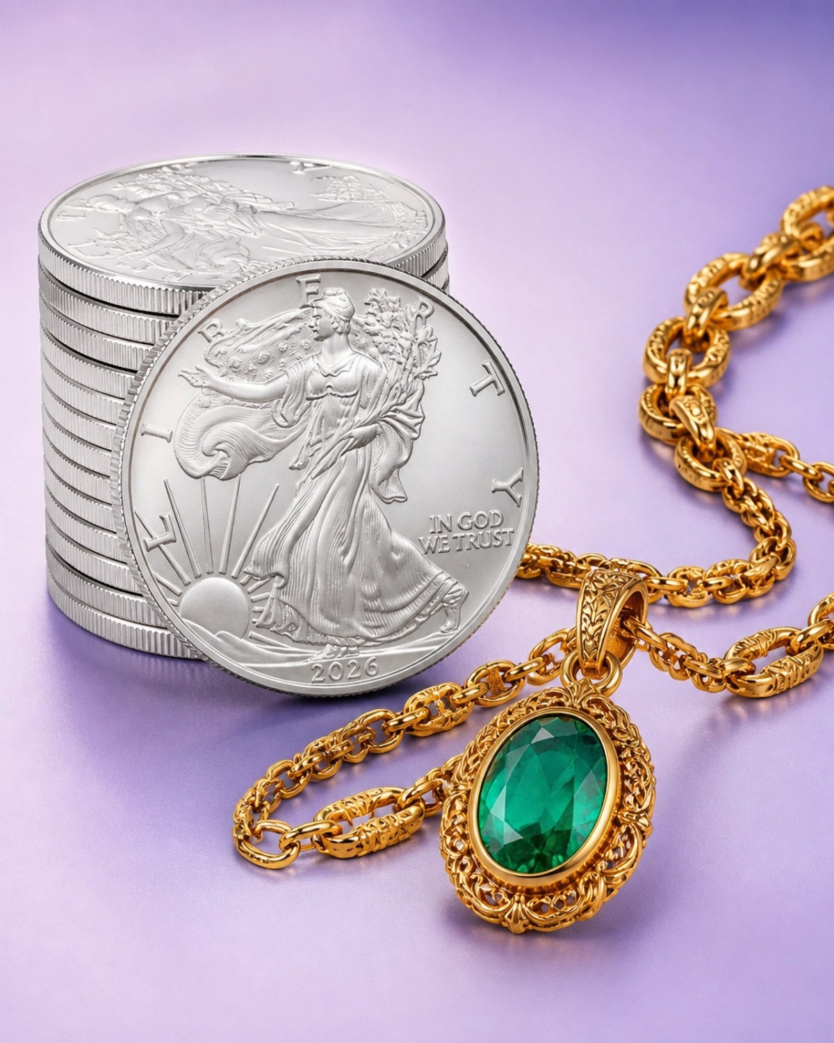 Close-up of 2026 American Silver Eagle coins stacked neatly beside a vintage gold necklace with an emerald pendant.