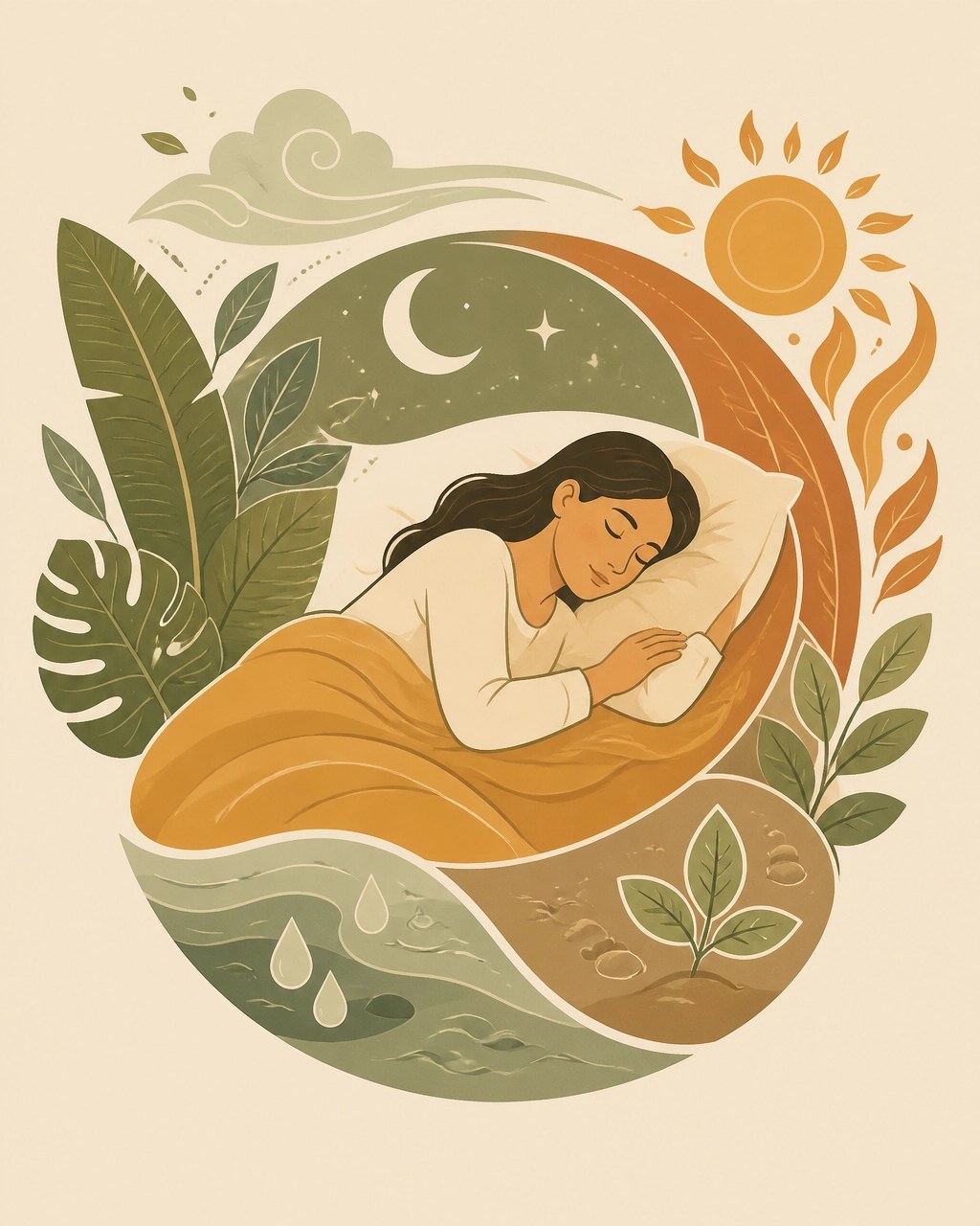 Ilustración de una persona descansando rodeada de elementos naturales que representan los doshas y el equilibrio ayurvédico