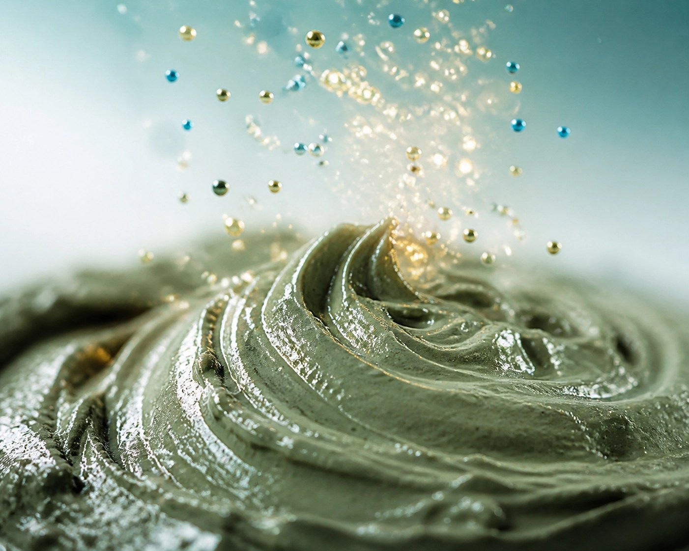 Macro of green mineral clay showing magnetic adsorption of positively charged toxins.