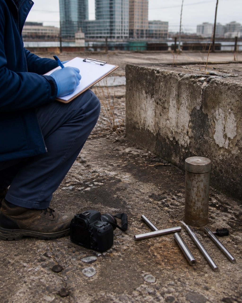 Phase I ESA site reconnaissance at an urban industrial redevelopment parcel with a clipboard, inspection tools, and capped monitoring well