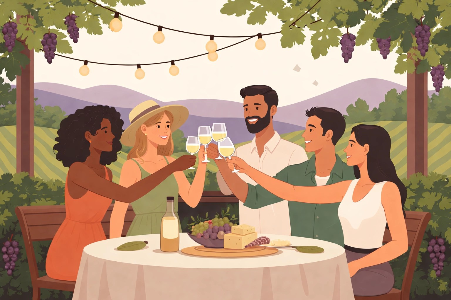 Group of friends celebrating together on a vineyard patio during a private Northern Virginia wine tour