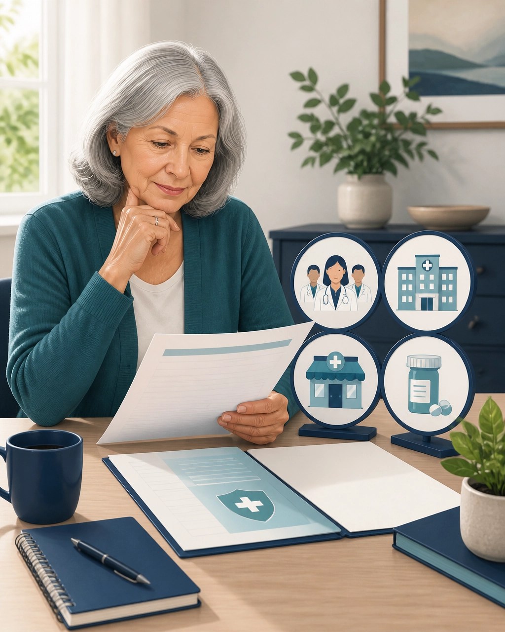 Older woman reviewing Medicare Advantage plan information with visual symbols for doctors, hospitals, and prescriptions