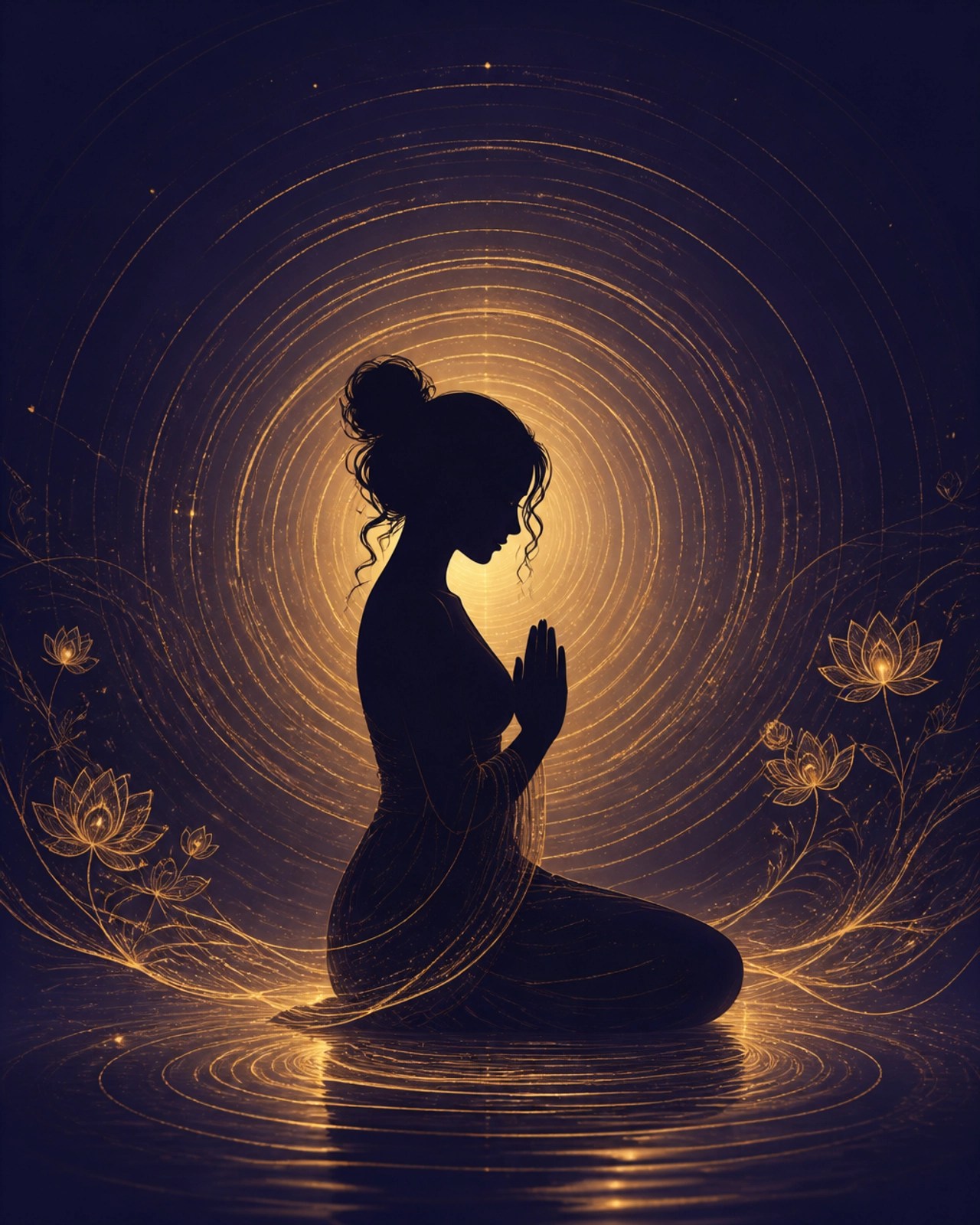 A serene silhouette with gold ripples expanding like frequency waves, evoking spiritual alignment.