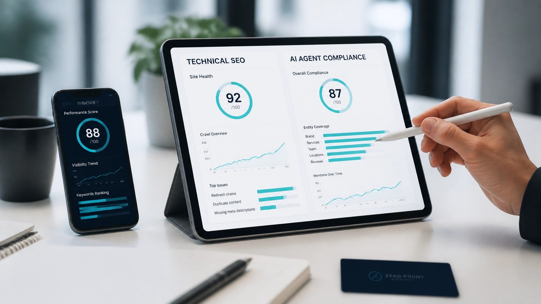 Technical SEO audit and AI agent compliance report on a tablet