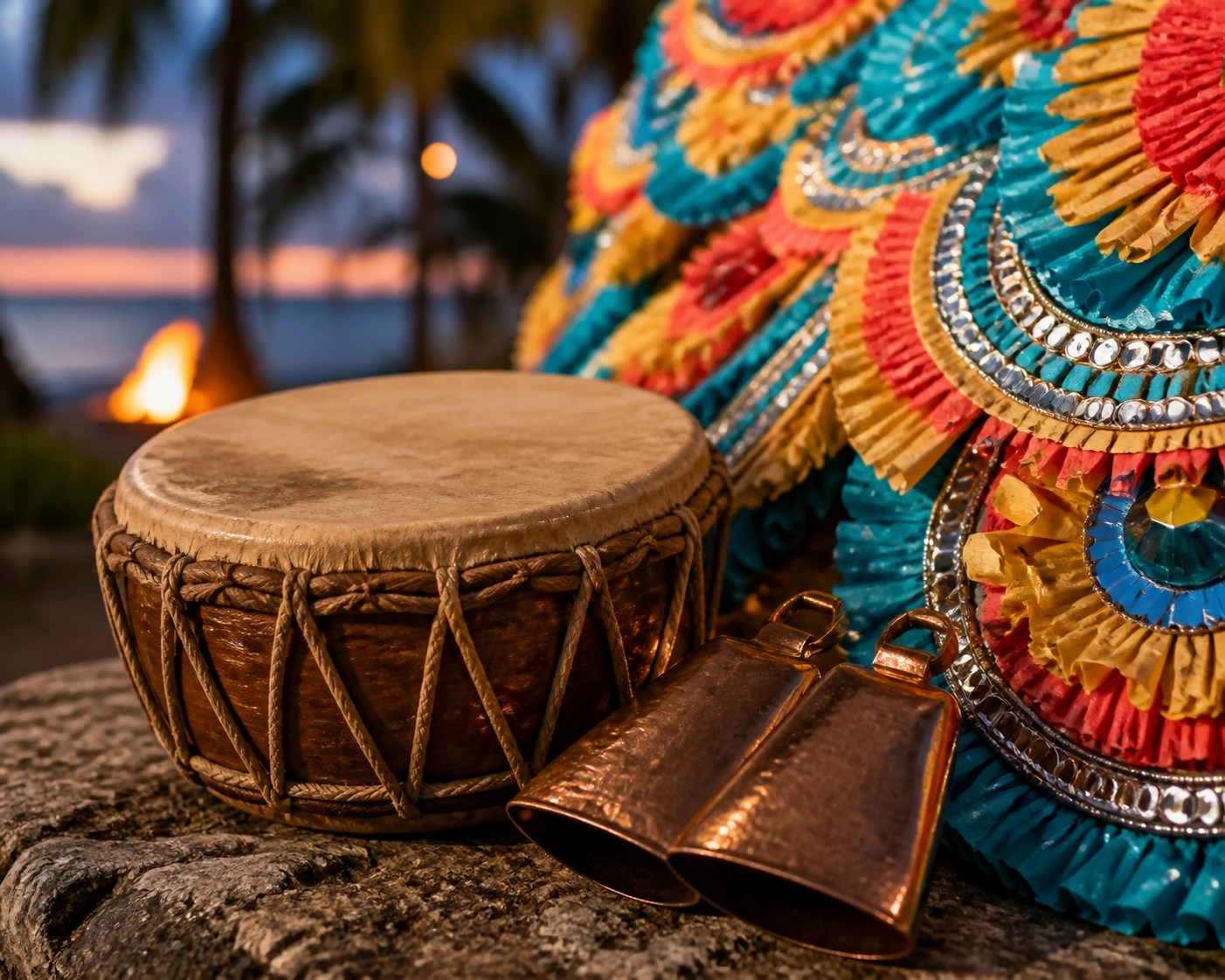 Handmade Junkanoo goatskin drum, copper cowbells, and colorful crepe paper costumes in the Bahamas.