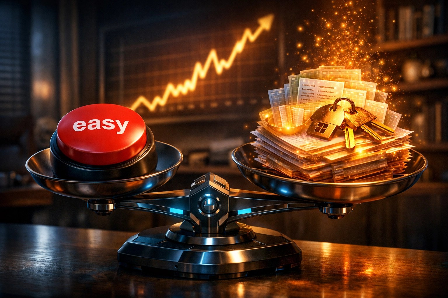 Scale weighing financial receipts against a button, showing the value of itemizing deductions for wealth growth.