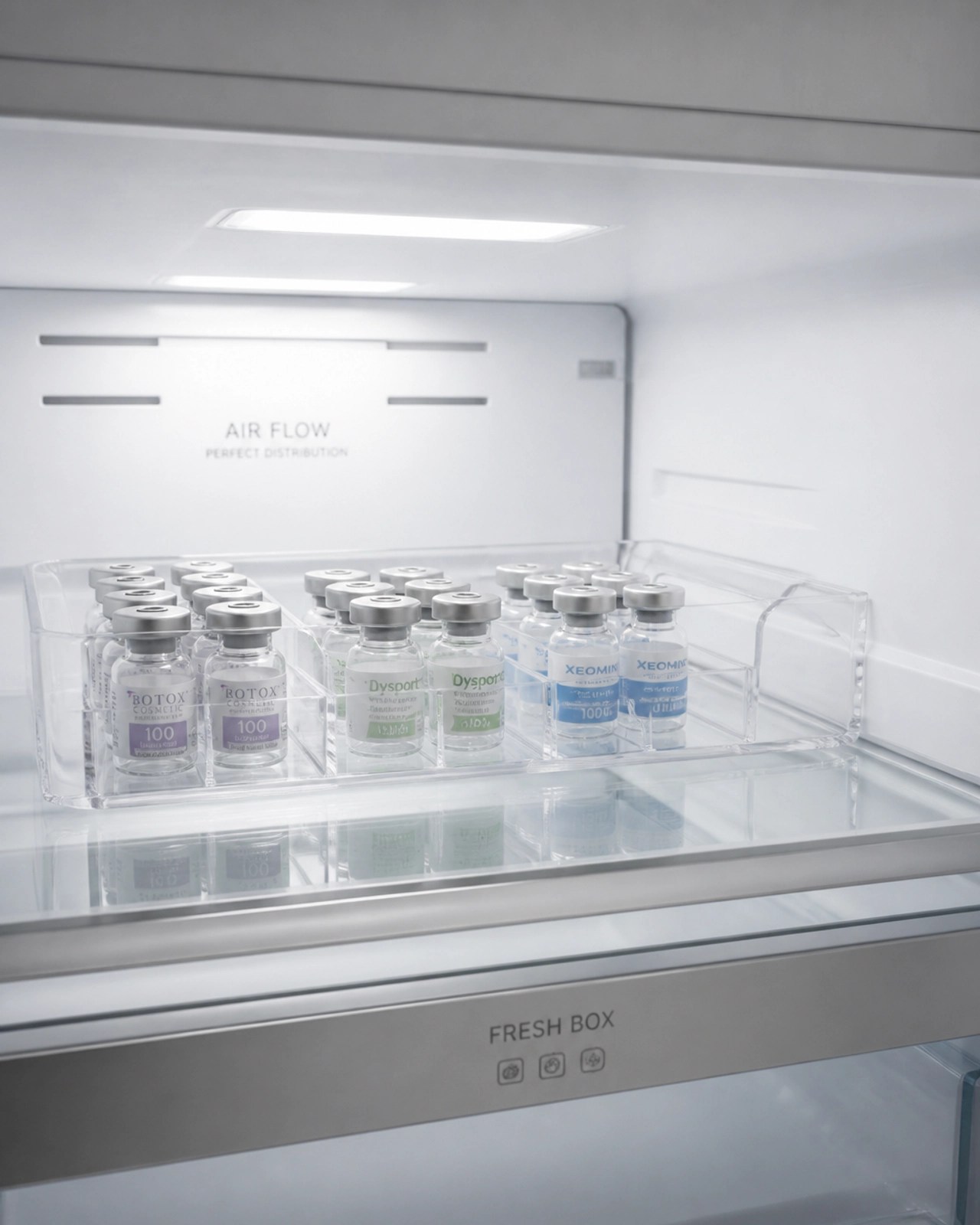 Vials organized in a clean, professional refrigerator environment