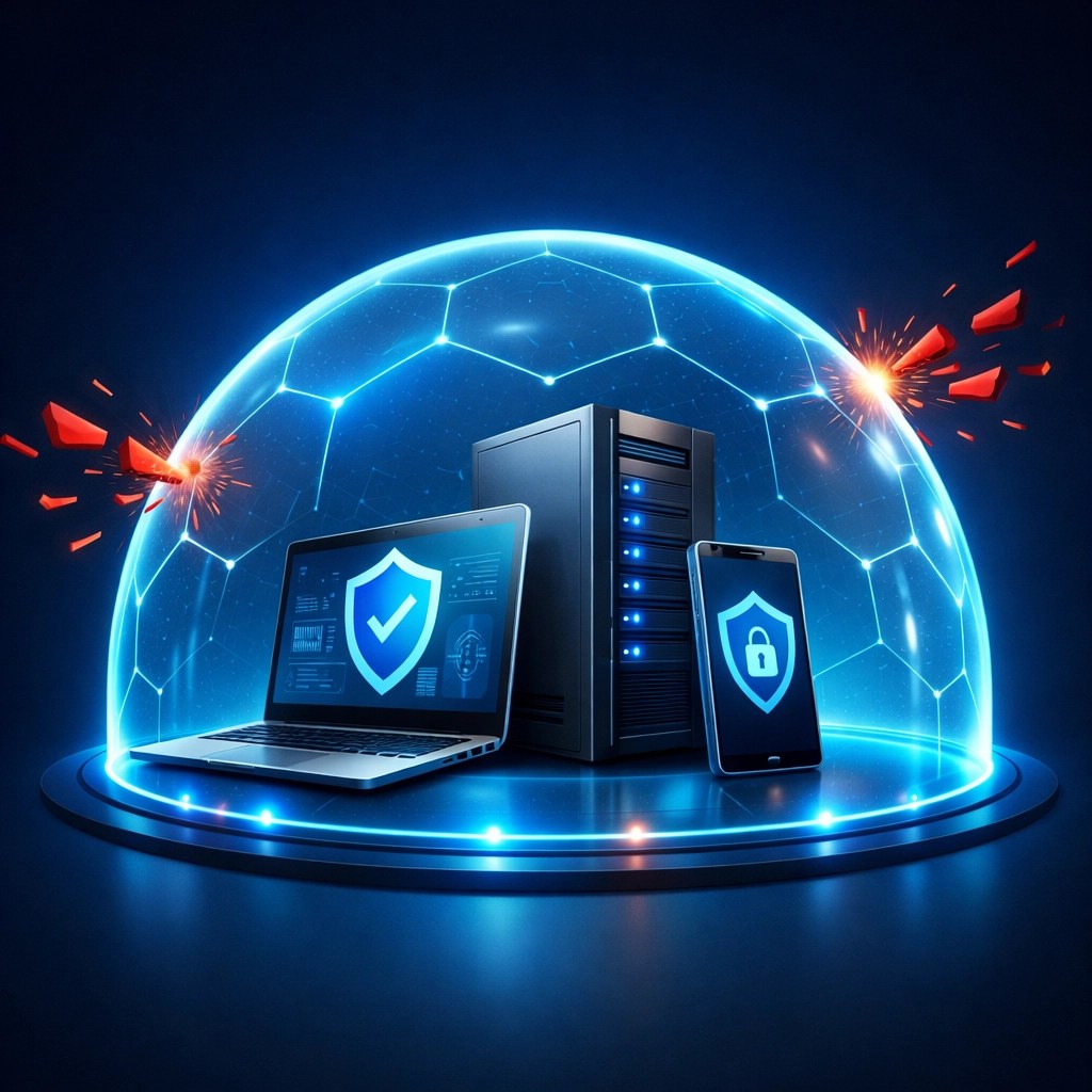 A secure digital shield protecting small business laptops and servers with proactive cybersecurity monitoring.