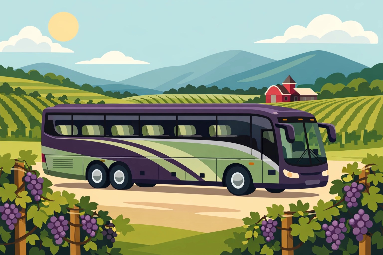 Luxury tour bus parked at Virginia vineyard with rolling hills and grapevines
