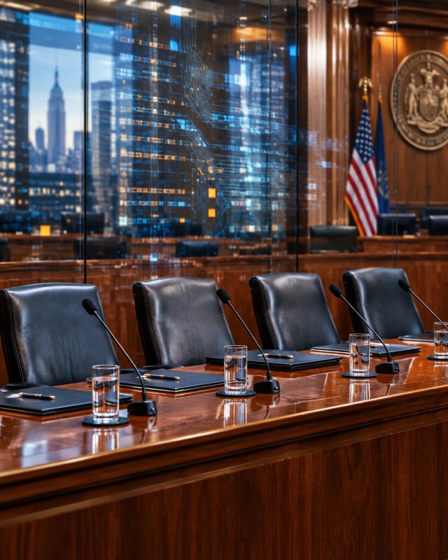 Executive witness seats and microphones prepared for a New York City Council AI hearing