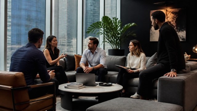 Startup professionals discussing product strategy in a premium Manhattan office lounge