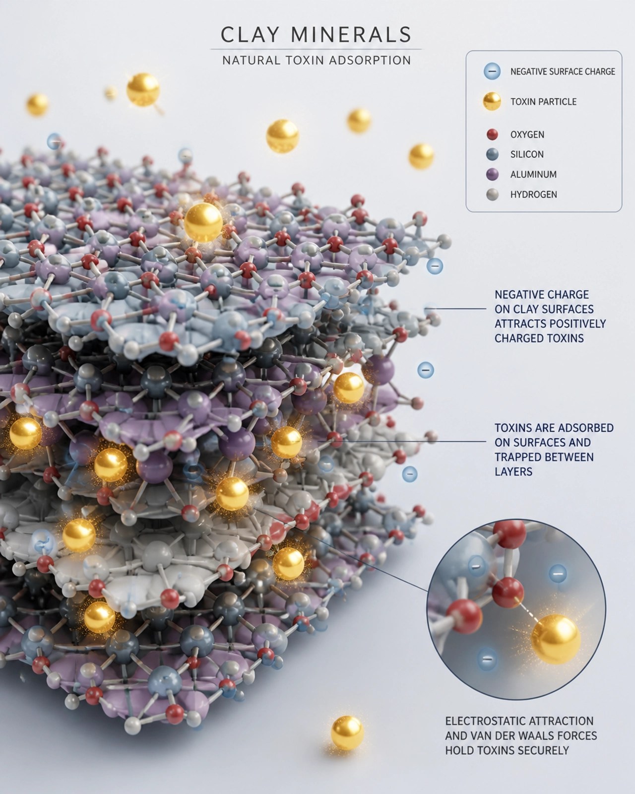 Molecular illustration of clay particles trapping toxins