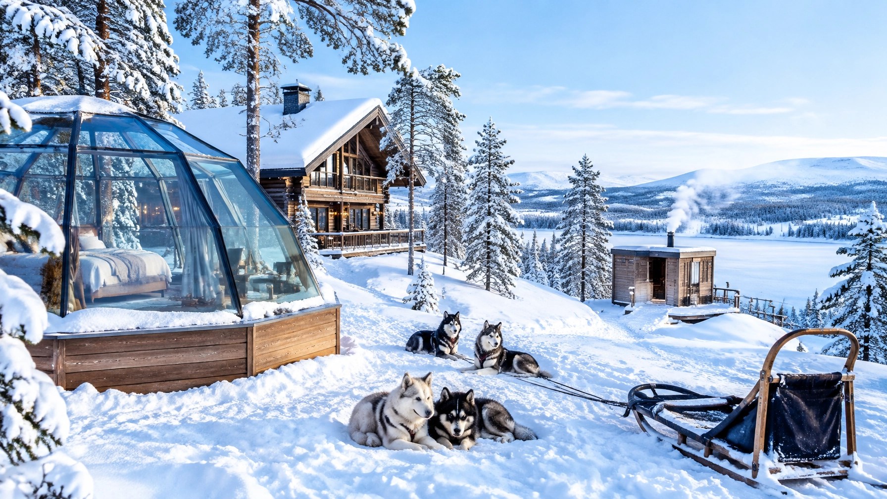 Snow-bright Finnish Lapland lodge with a glass igloo, huskies and pine forest in daylight