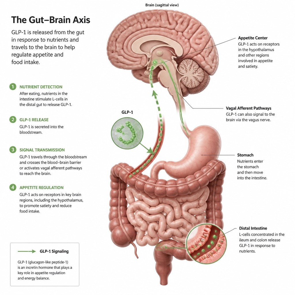 Illustration of the gut-brain axis and GLP-1 signaling