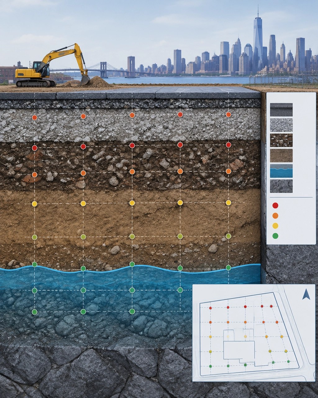 Technical cross-section of urban brownfield soil layers and lead sampling grid