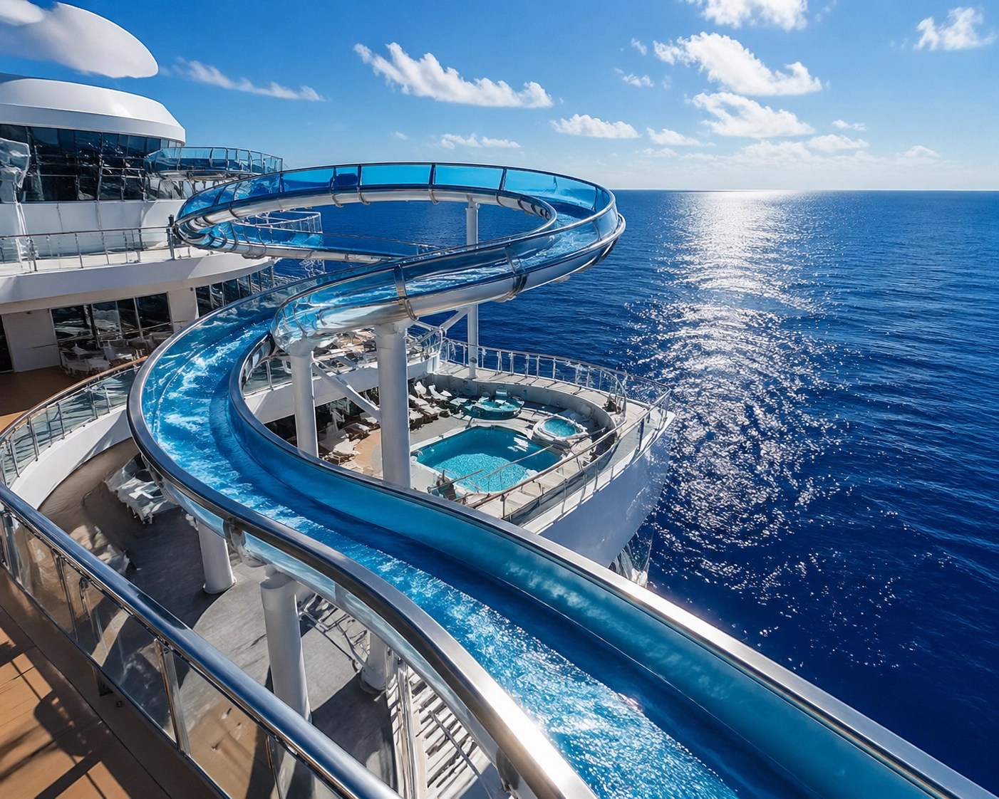 Futuristic Norwegian Cruise Line aqua-slide coaster on a luxury ship deck overlooking the ocean.